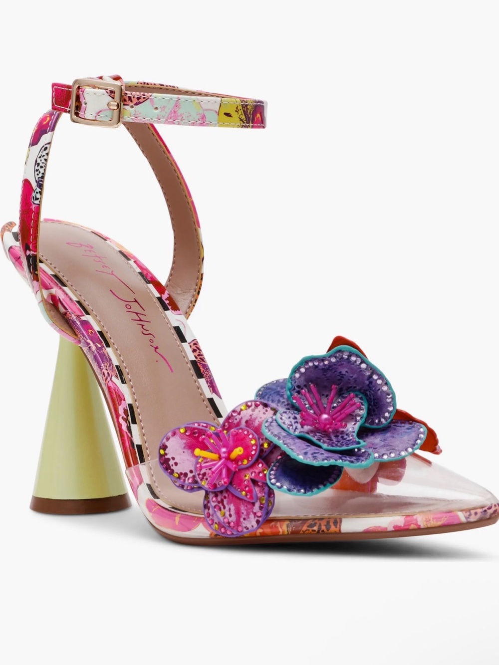 NIB Betsey Johnson Pink Floral Applique Ankle-Strap Heel with Purple Accents